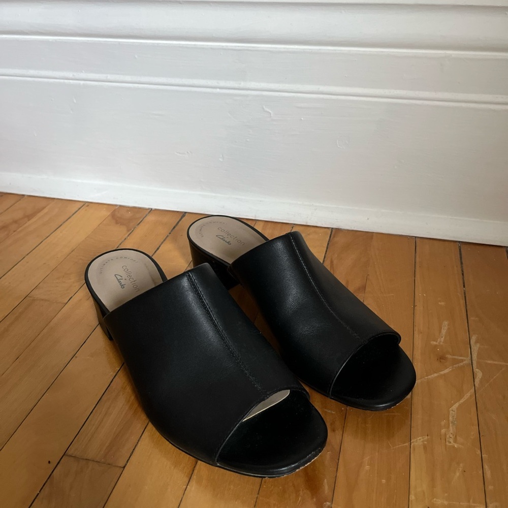 Clarks Black Open-Toe Slide Mule Heels - Real Leather